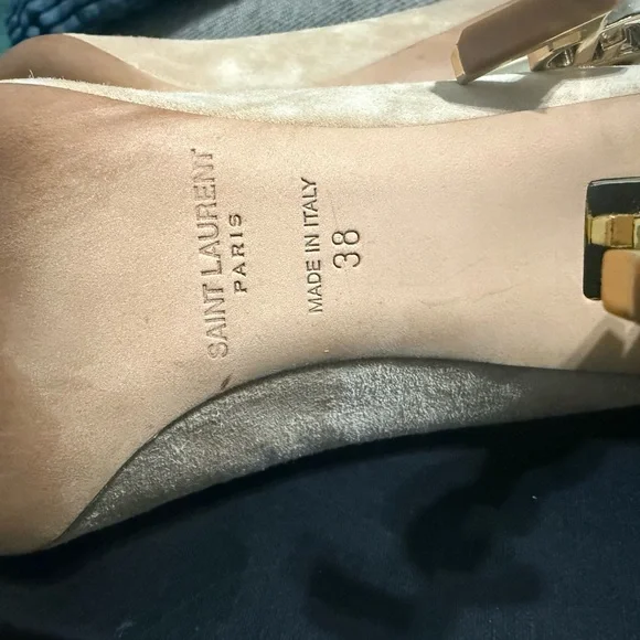 Saint Laurent Tan Suede Heels with Metallic Gold Detail - Picture 6 of 10